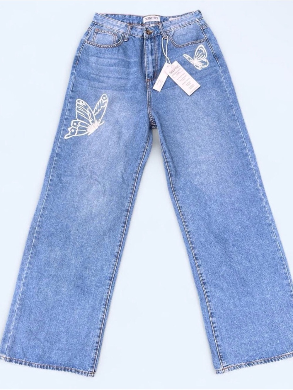 Denim Wide-Leg Jeans with Butterfly Embroidery - Blue